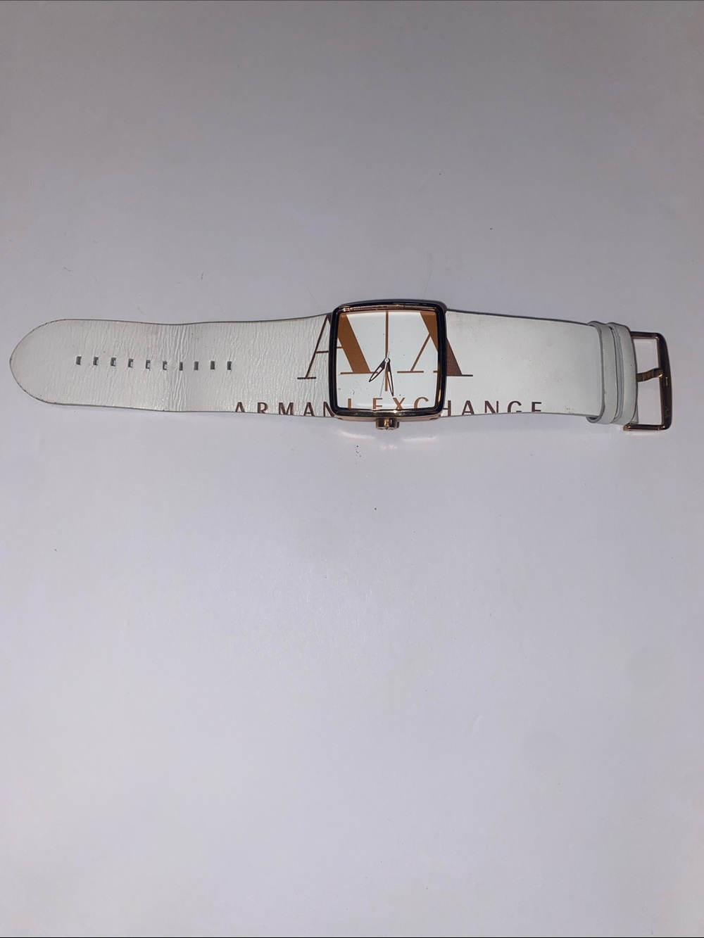 Armani Exchange White Leather Belt with Rose Gold Buckle and Logo